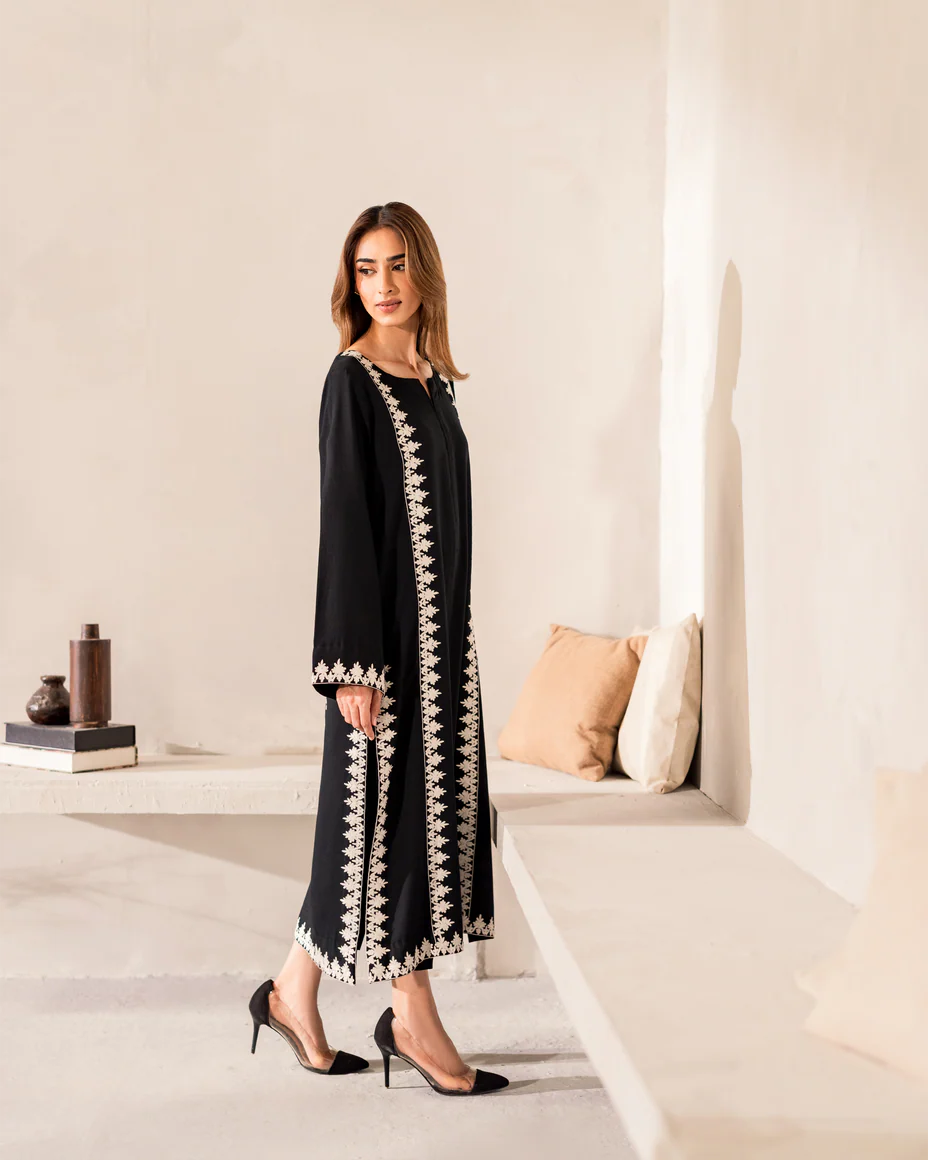 Premium Black Kurta with Bold Ivory Back-Motif & Lace Detailing