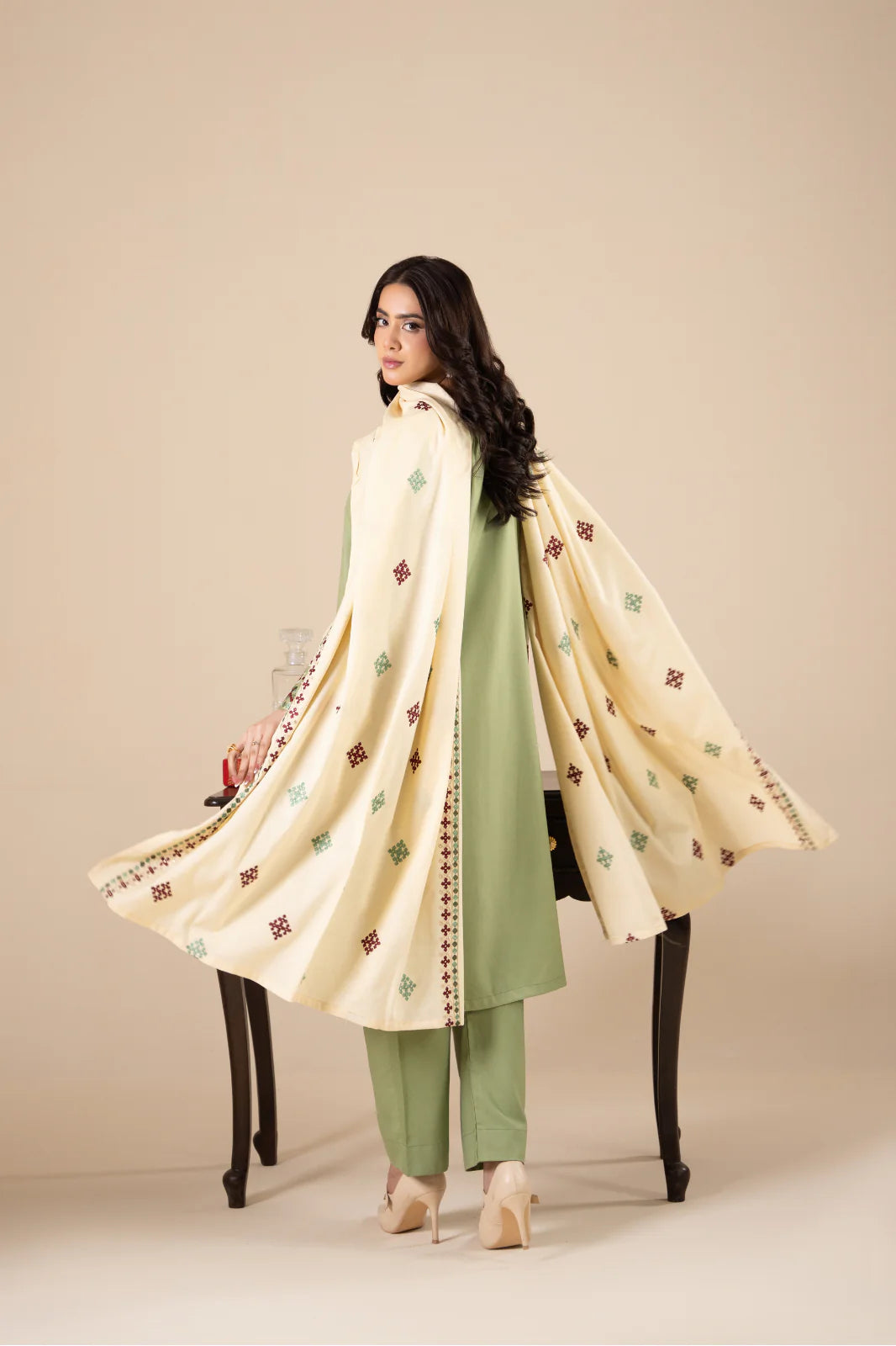 Premium Sage Green 3-Piece Suit with Geometric Embroidery & Cream Dupatta