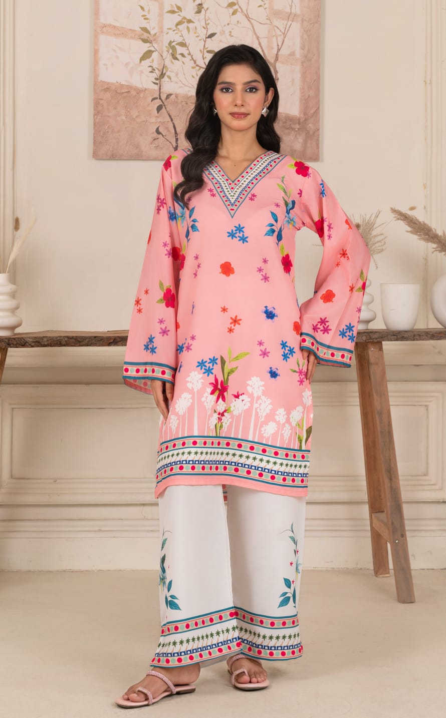 Premium Digital Floral Printed 2-Piece Suit - Elegant Pink Kurta with Printed Wide-Leg Trousers