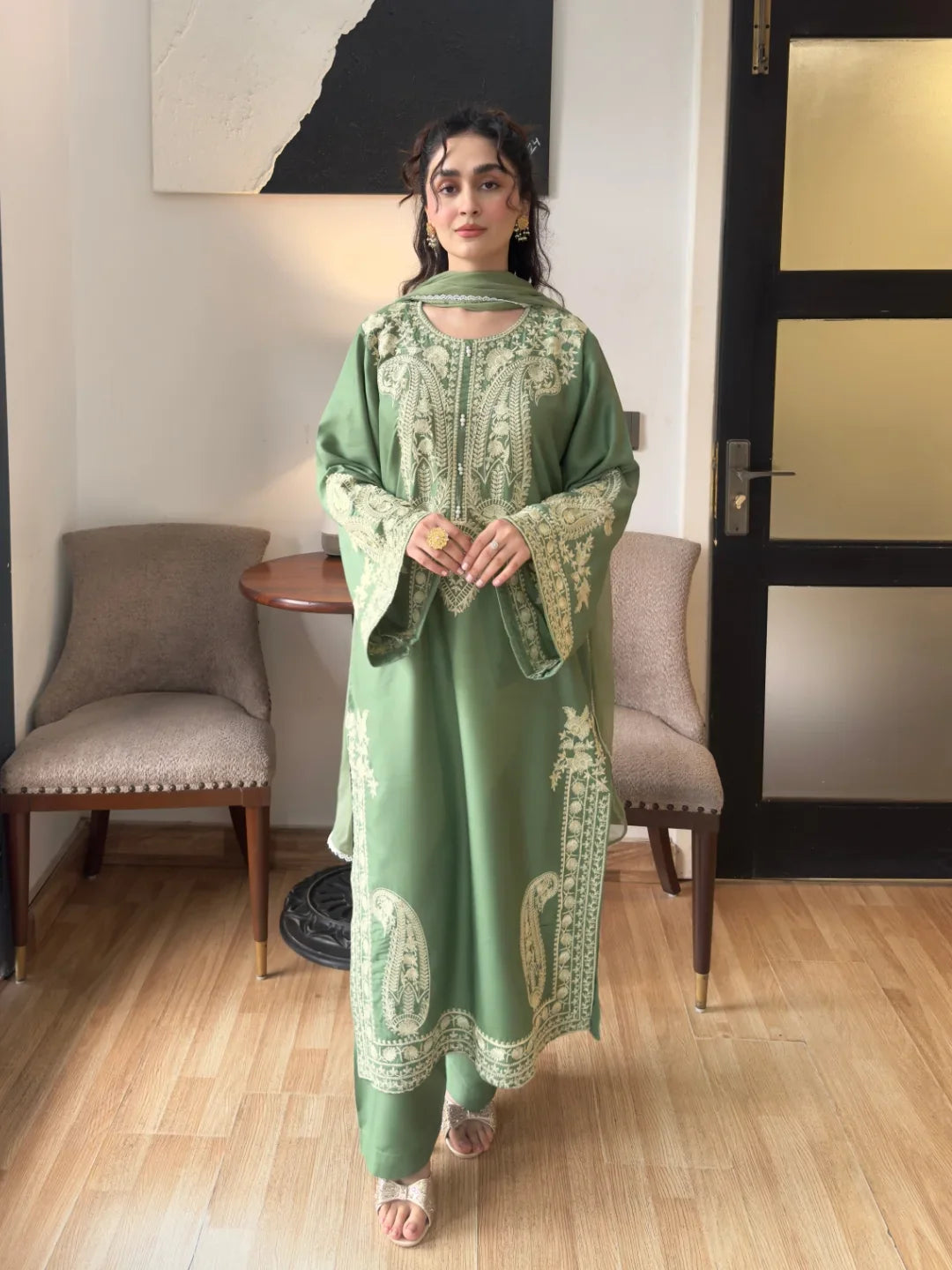 Premium Olive Green Embroidered Kurta Set – Luxury Formal Wear