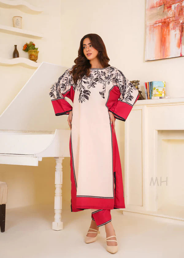 Premium Cream & Magenta Floral Printed 2-Piece Suit - Stylish Long Kurti with Matching Trousers for Women